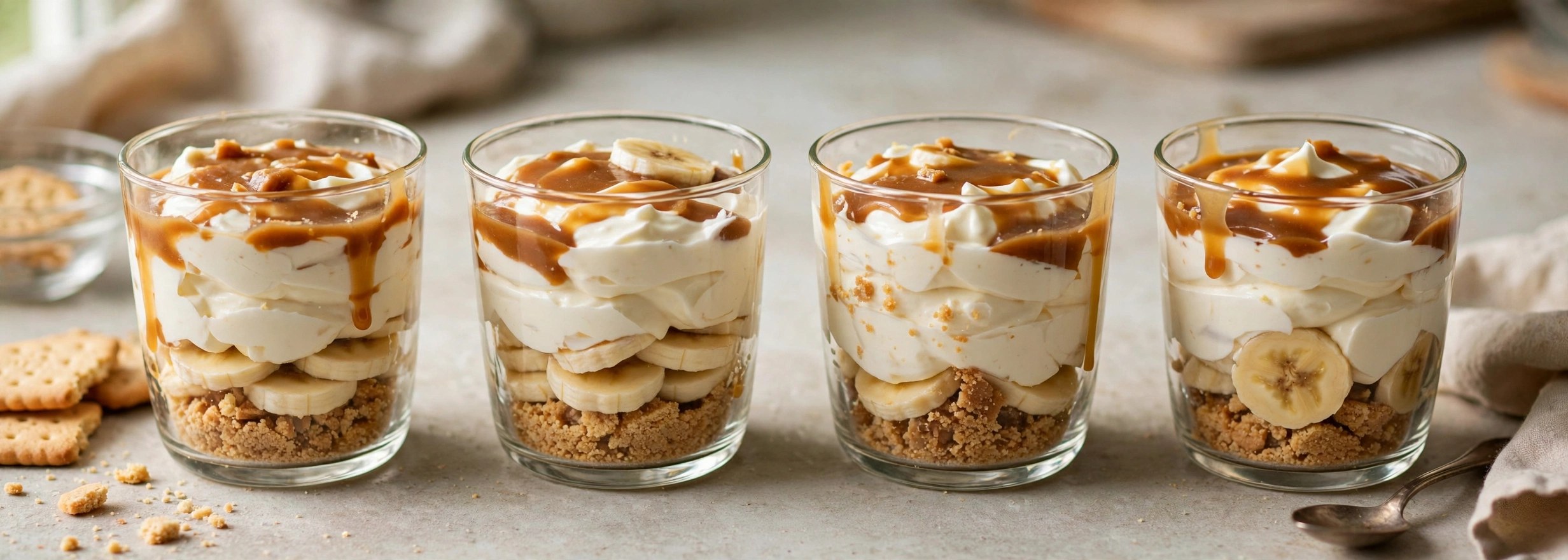 Banoffee yoghurt pots with banana and biscuit