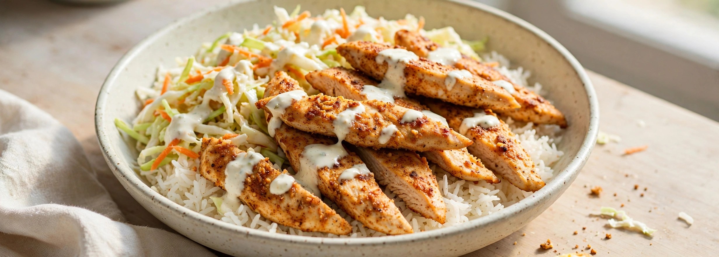 Chicken Fillet Roll Bowls with slaw and sauce